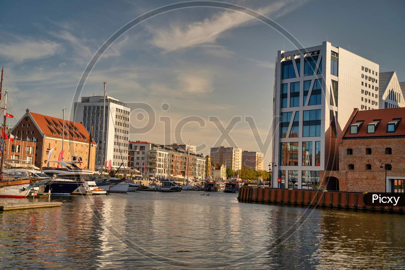 Gdansk, North Poland - August 13, 2020: Wide Angle View Of Summer Around Motlawa River Adjacent To Beautiful Polish Architecture Near Baltic Sea