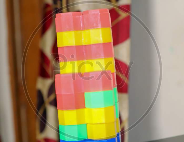 Toy Blocks Pyramid, Multicolor Wooden Bricks Stack  In Home