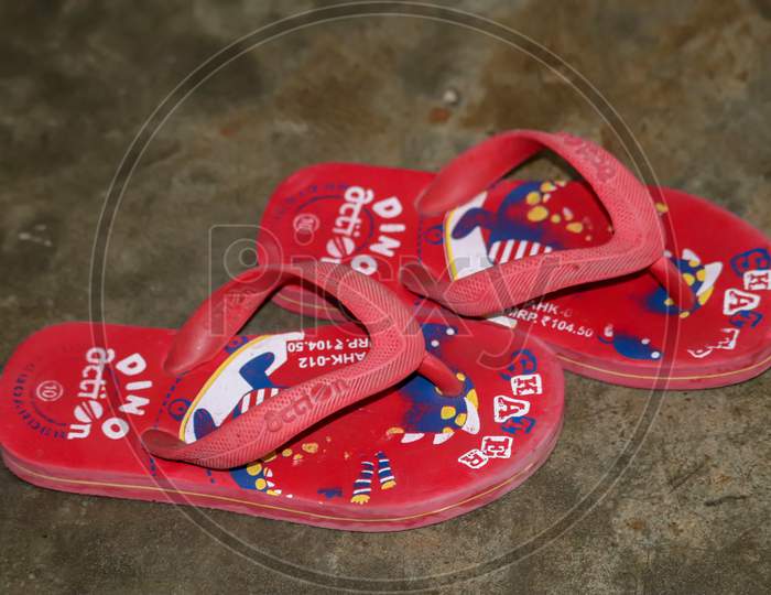 Pair Of Blank Soft  Red Home Slippers, Design Mockup. House Plain Flops Mock Up Template Top View