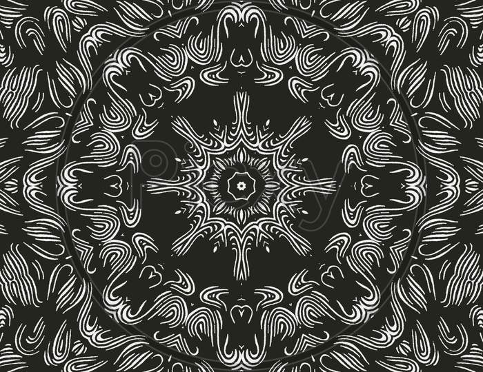Beautiful And Elegant Monochromatic Symmetrical Mandala Designs On Solid Sheet Of Wallpaper. Concept Of Home Decor And Interior Designing.