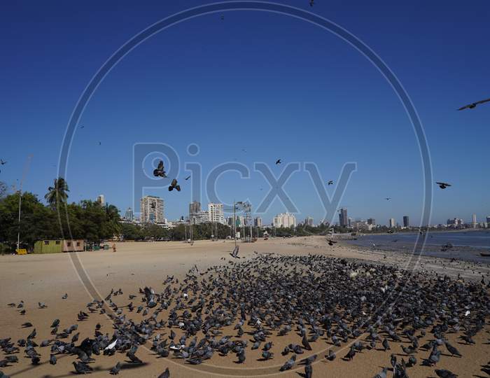 Deserted Nariman Point & Girgaon Chowpatty Beach, Mumbai, India. Usually Vibrant City Location Empty During Monsoon Season and Corona Virus Outbreak Lockdown