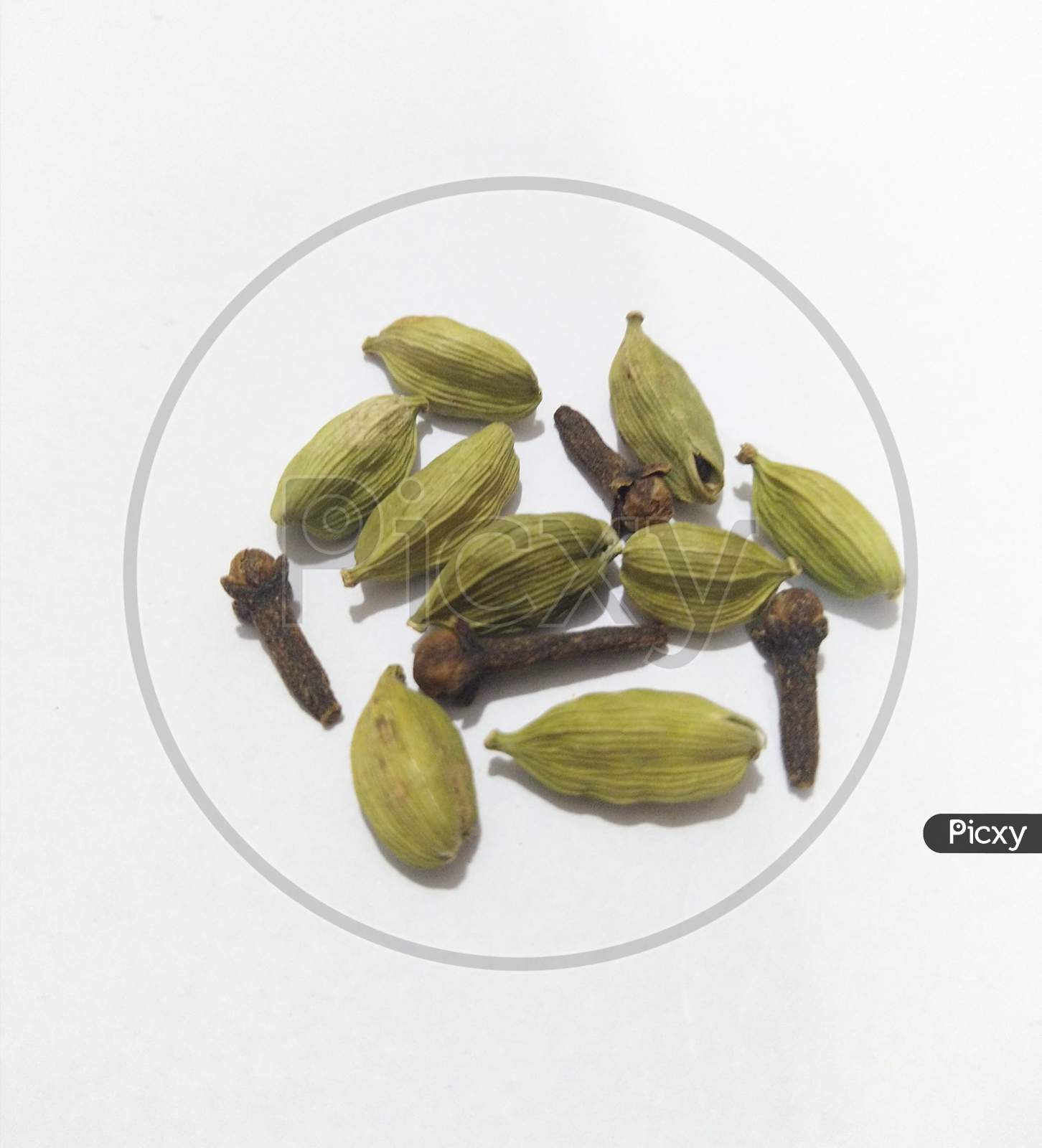 Cardamoms and cloves isolated on white background.