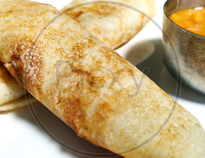 Paper Masala Dosa Is A South Indian Meal Served With Sambhar And Chutney. Selective Focus