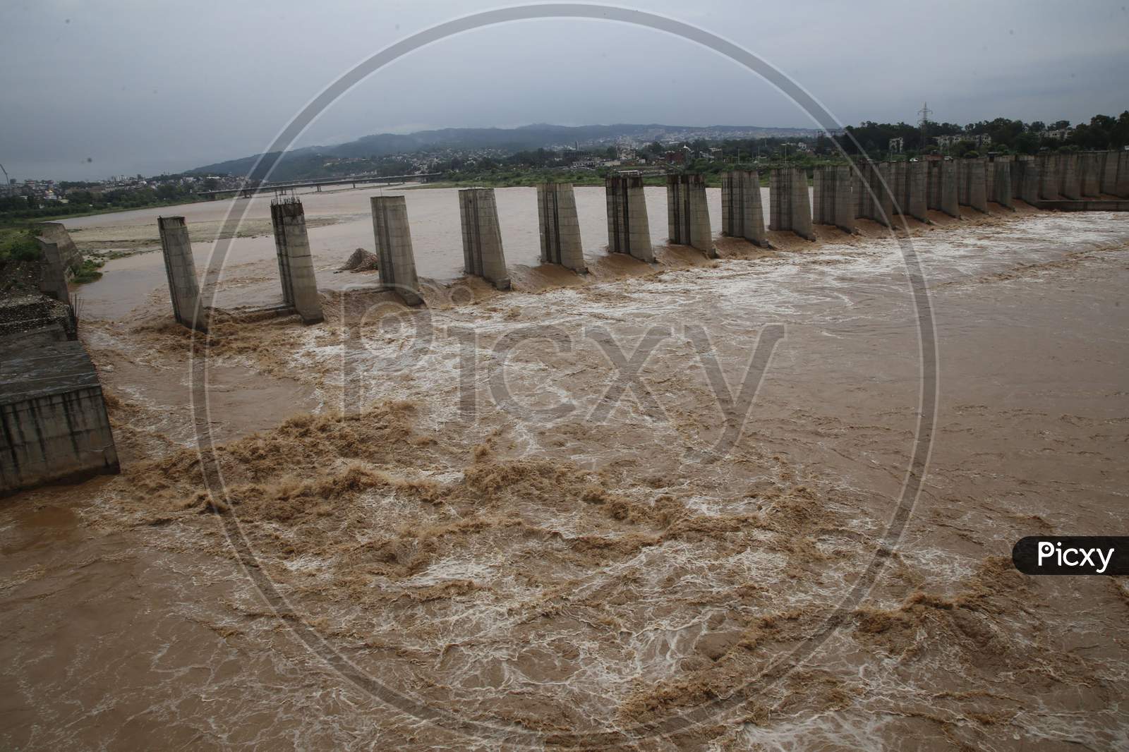 A view of flooded Tawi River after heavy rains, in Jammu  on August 25,2020.