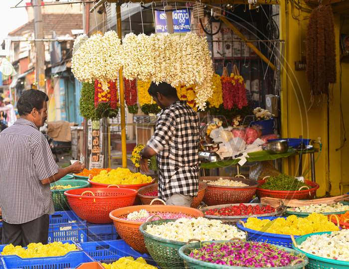 Flower shop on the street at Chalai Bazaar , Trivandrum