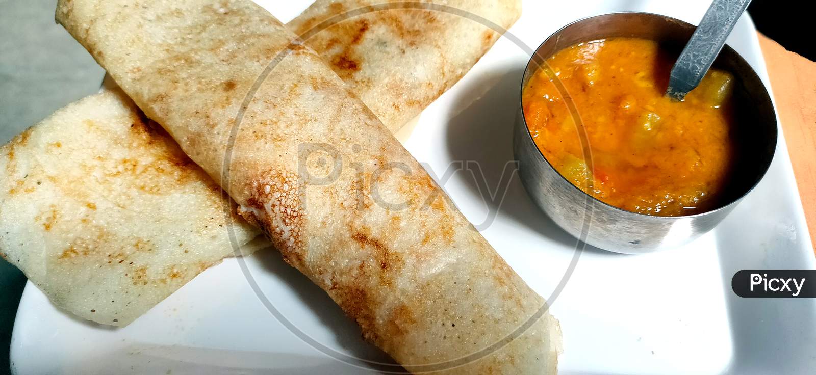 Paper Masala Dosa Is A South Indian Meal Served With Sambhar And Chutney. Selective Focus