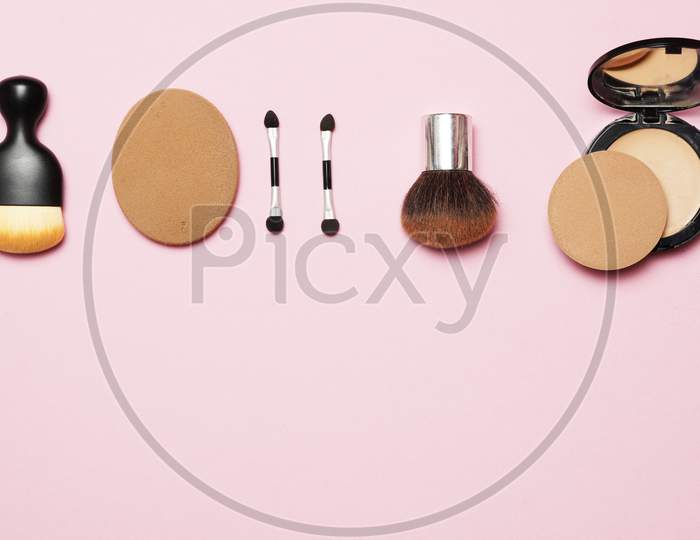 Utensils For Women'S Makeup On A Pink Background. Beauty And Skin Care Concept. Flat Lay Flat Design