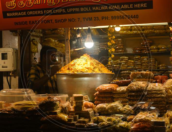 Banana Chips shop at Chalai Bazaar, Trivandrum, Kerala