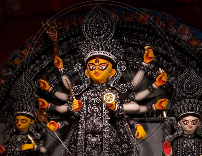 Goddess durga idol at decorated Duraga Puja pandel, at Kolkata, West Bengal, India.