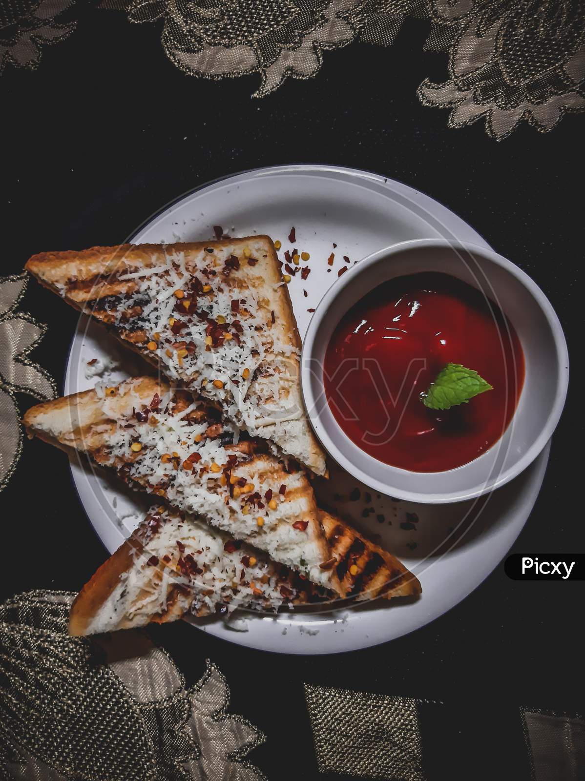 Veg sandwich with tamato sauce. Indian food style food-photography.