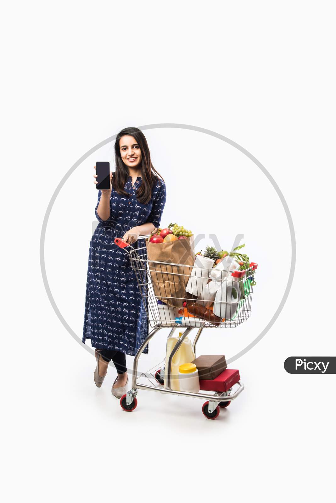 Indian young woman with shopping cart or trolly full of grocery, vegetables and fruits