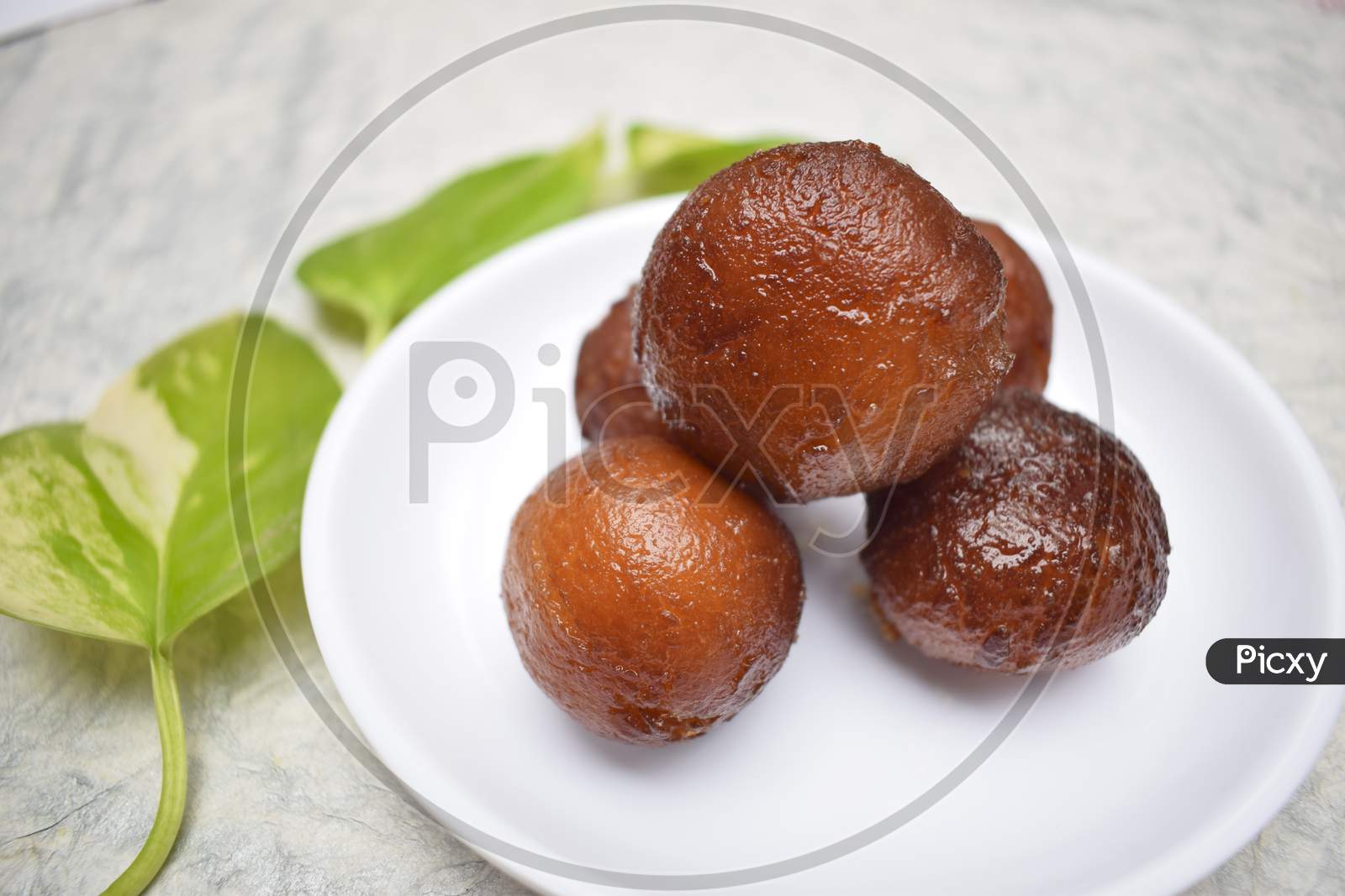 Close Up Of Gulab Jamun Sweet Indian Dessert On White Background On White Plate. Decorated With Moneyplant Leaves.