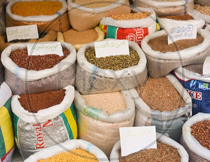 Grocery cereal, grains shop at Chalai Bazaar, Trivandrum, Kerala