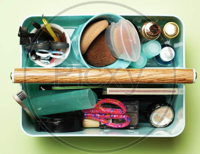 Top View Of Cosmetic Box And Beauty Utensils For Personal Care. Beauty Concept. Flat Lay.