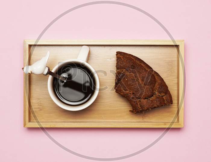 Coffee Top View A Piece Of Cake On Wooden Table. Breakfast Concept. Gastronomy. Flat Lay