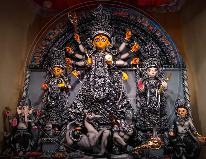 Goddess durga idol at decorated Duraga Puja pandel, at Kolkata, West Bengal, India.