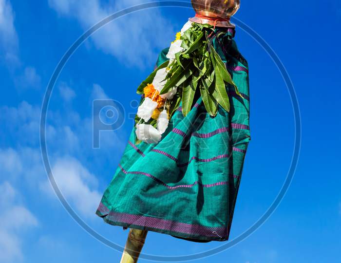 As Per Hindu Culture, Hosted `Gudhi` On Clear Background Of Gorgeous Blue Sky.