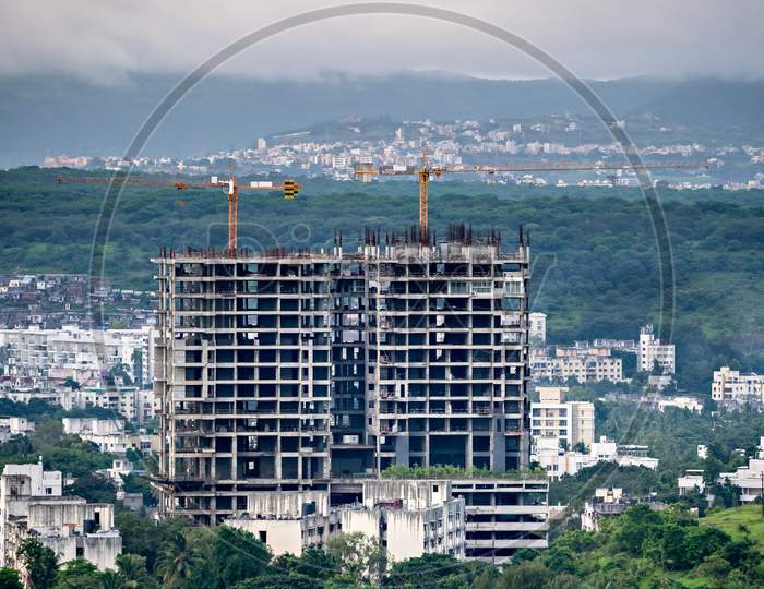Twin, Tall Buildings Under Construction In Pune, Maharashtra, India.