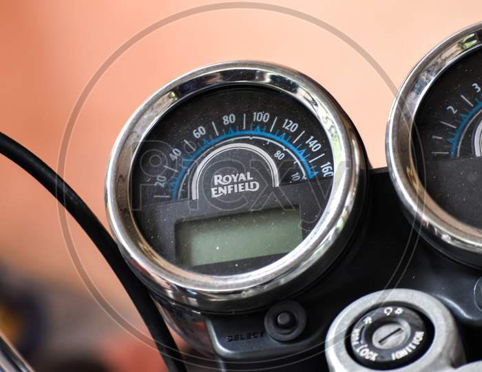 20/07/2020- Kerala, India: Royal Enfield Thunderbird 350 Motorcycle Instrument Cluster / Speedometer / Odometer Closeup In Kerala, India. Selective Focus Applied.