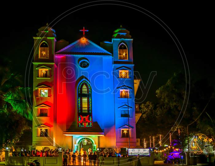 Lighting On Saint Mary’S Malankara Catholic Cathedral Church On Christmas.