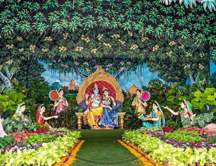 Colorful Life Size Idols Of Krishna,Radha & Gopis Sitting At Prem Mandir Temple.
