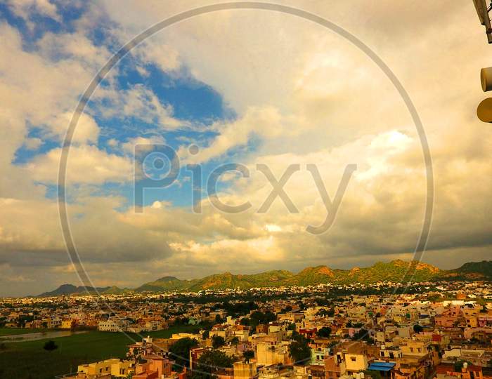 Monsoon clouds hover over the city of Ajmer on August 26, 2020.