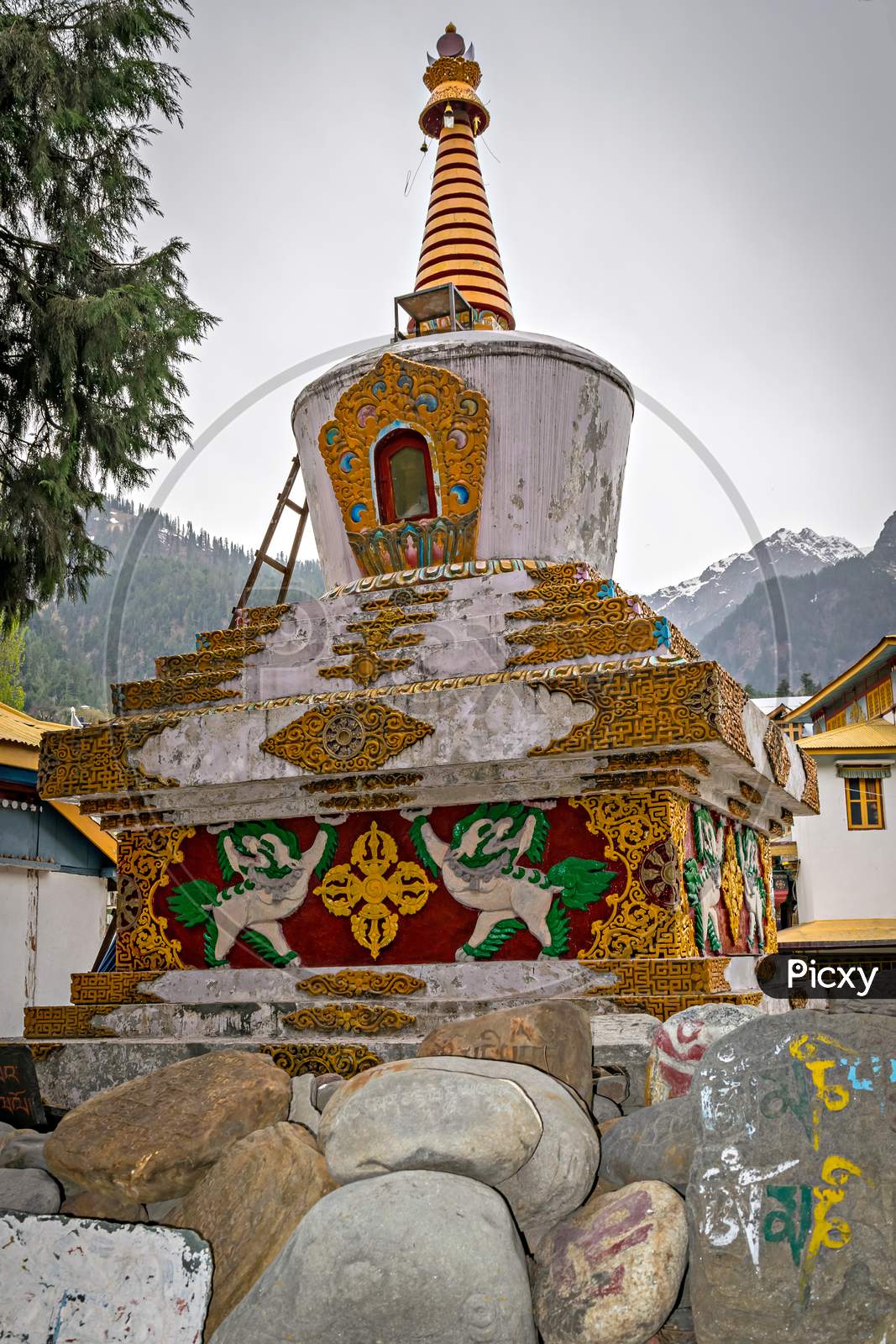 Nicely Hand Painted Colorful Buddhist Pagoda In Manali, Himachal Pradesh,India.