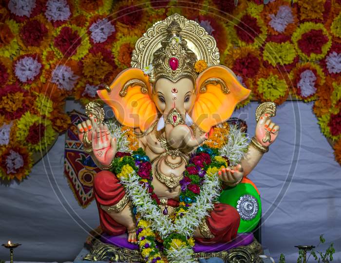 Decorated And Garlanded Idol Of Hindu God Ganesha In Pune ,Maharashtra, India.