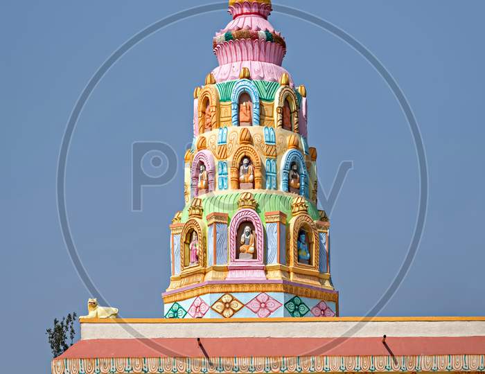 Colorful Dome Of Village Side Indian Temple Near Saswad,Maharashtra,India.