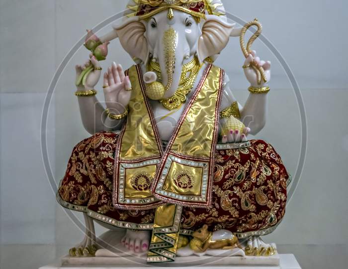 Nicely Carved & Decorated Idol Of Hindu God Ganesha In A Temple At Somnath.