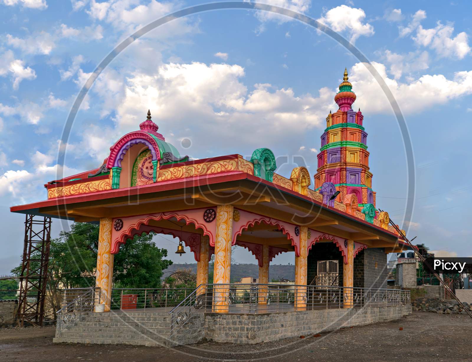 Colorful Temple With Nice Cloudscape In Bavdhan Village Of Pune, India.
