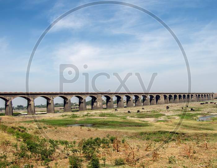 Long Stone Arched Railway Bridge In Daund, Maharashtra, India.