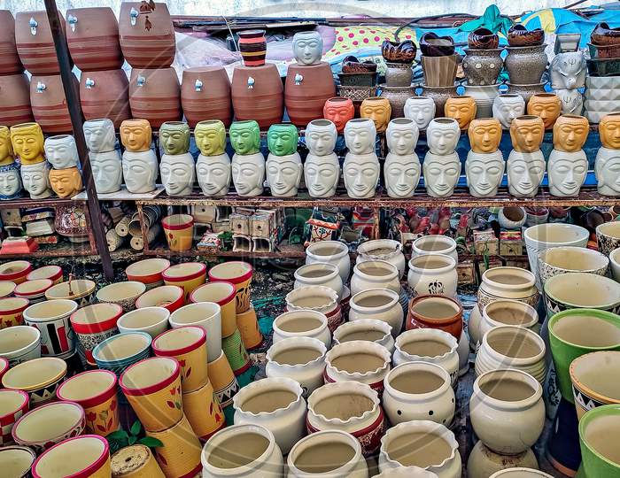 Decorative,Colorful Ceramic Pots Arranged In A Roadside Shop.