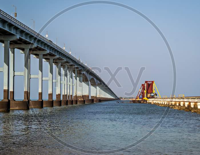 Road Bridge And Train On Rail Bridge In One Frame At Pamban, Tamil Nadu, India.