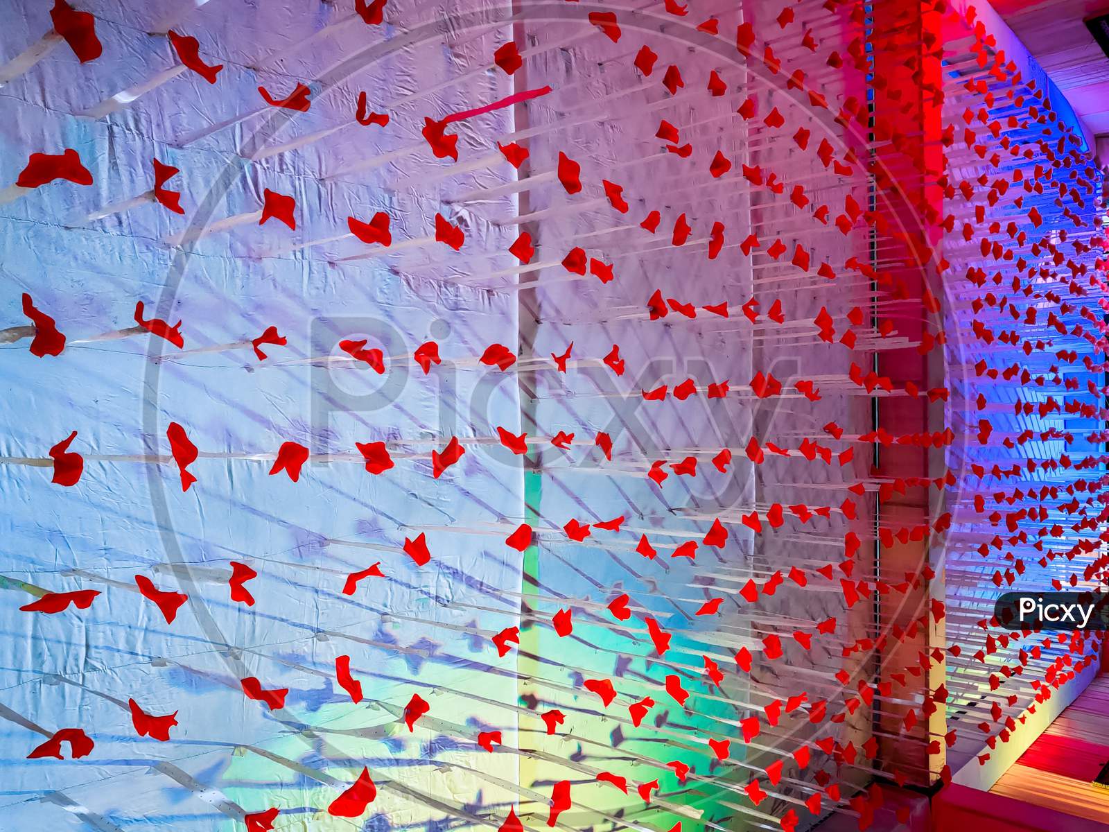 Wall Decoration With Blue Light Effect And Red Flowers.