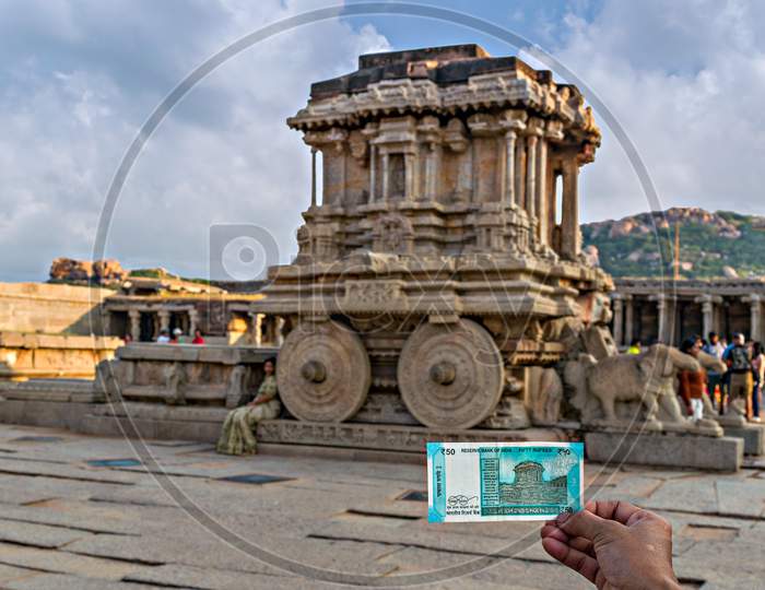 Image Of Rs50 Indian Currency Note That Features Ancient Stone Chariot At Hampi.