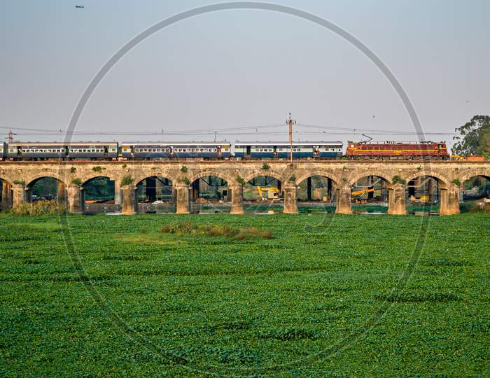 A Passenger Train Crossing Water Hyacinth Filled Bed Of Mula River In Dapodi.