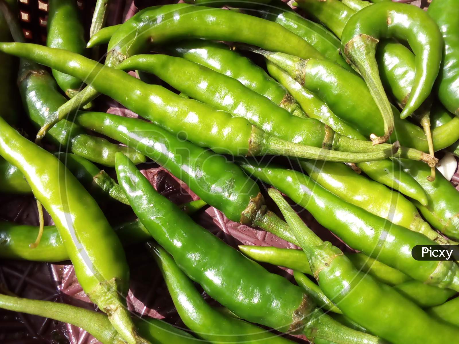 Fresh and green chillies in brown baskets