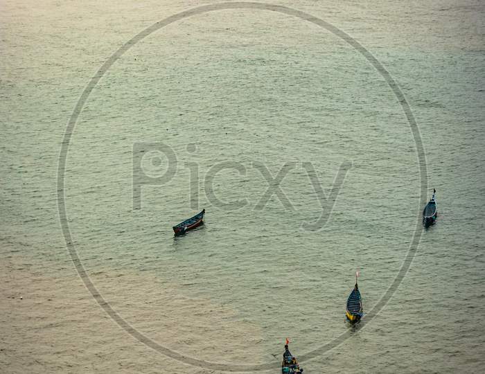 Fishing Boats Isolated Many In Deep Sea Aerial Shots