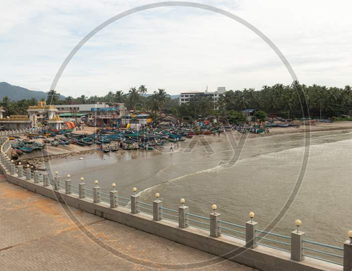 Murudeshwar Temple View From Inside With Sea Horizon And Boats
