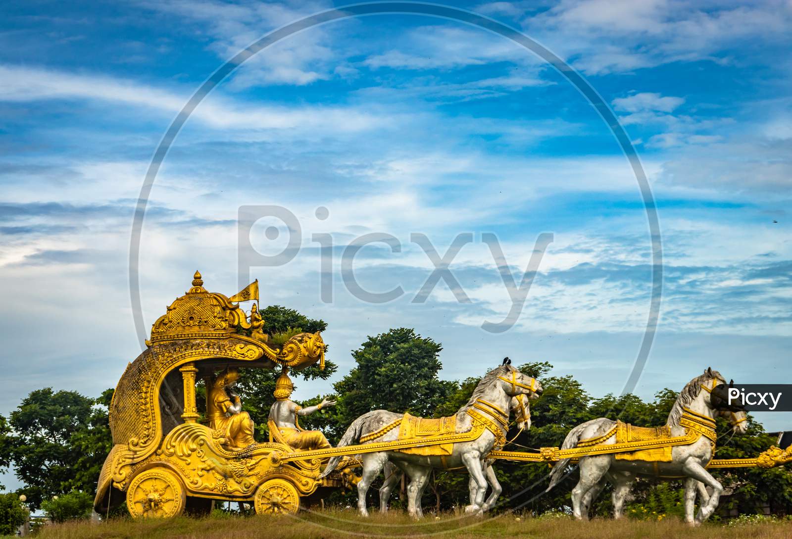 Holly Arjuna Chariot Of Mahabharata In Golden Color With Amazing Sky Background