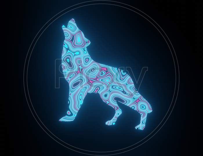 Illustration Graphic Of Beautiful Texture Or Pattern Formation On The Wolf Body Shape, Isolated On Black Background. 3D Rendering Abstract Loop Neon Lighting Effect On Wolf.