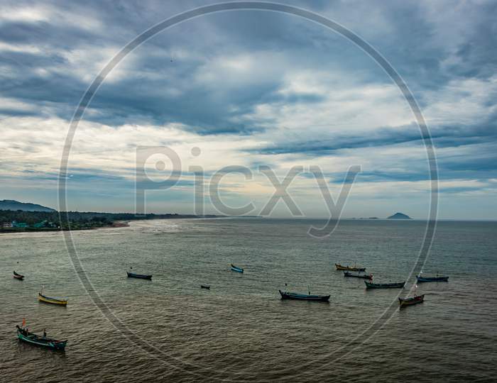 Fishing Boats In The Sea Aerial Shots At Early Morning