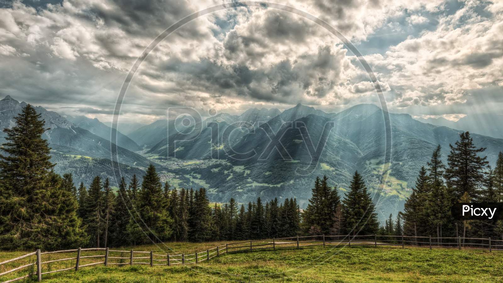 Mountains Austria Alps Rays Of Light Clouds Fence Nature Photo