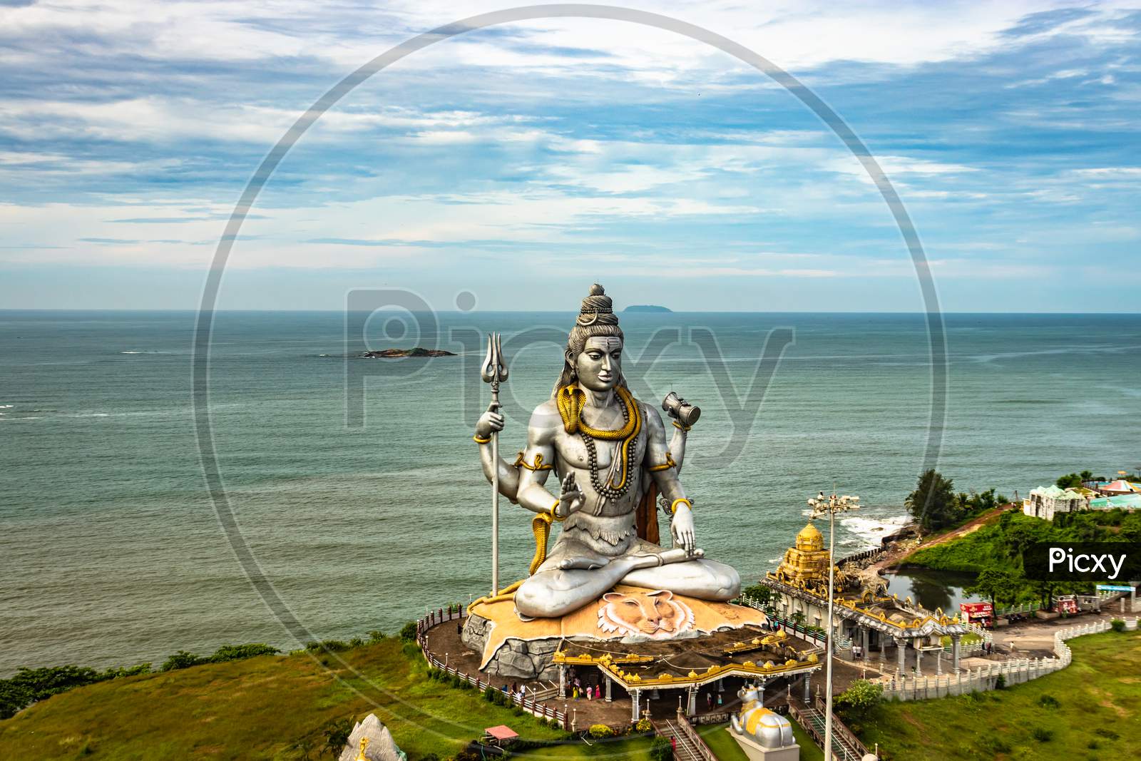 Shiva Statue Isolated At Murdeshwar Temple Aerial Shots With Arabian Sea In The Backdrop
