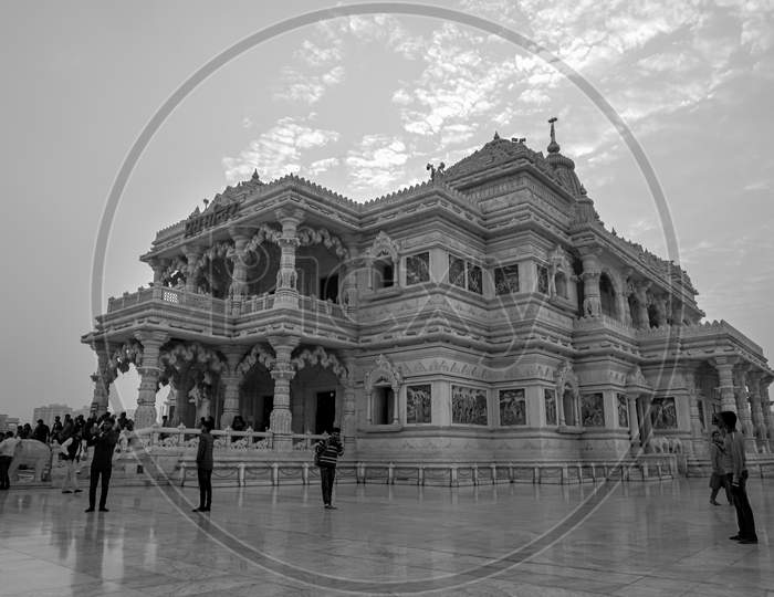 a black and white picture of Prem Mandir or Temple of Love at vrindavan