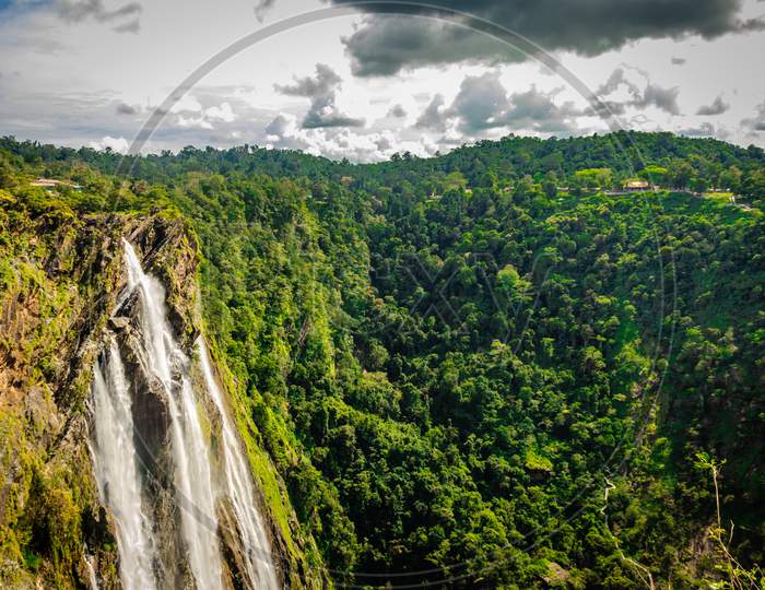 Jog Falls Nestled In Western Ghat Forests From Above Flat Angle Shots