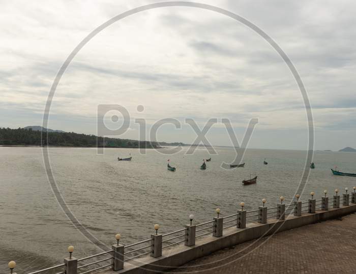 Murudeshwar Temple View From Inside With Sea Horizon And Boats