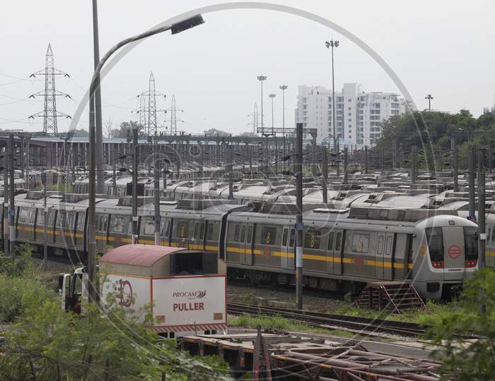 Delhi Metro trains are seen parked at the Timarpur depot after its operation  were halted amid Covid19 lockdown in New Delhi, India on August 25, 2020