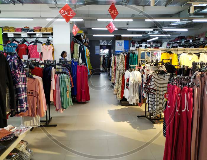Ladies External Top Wear Dresses And Costumes Sales In A Store Or In Vishal Mall. Interior Design Of A Textile Shop